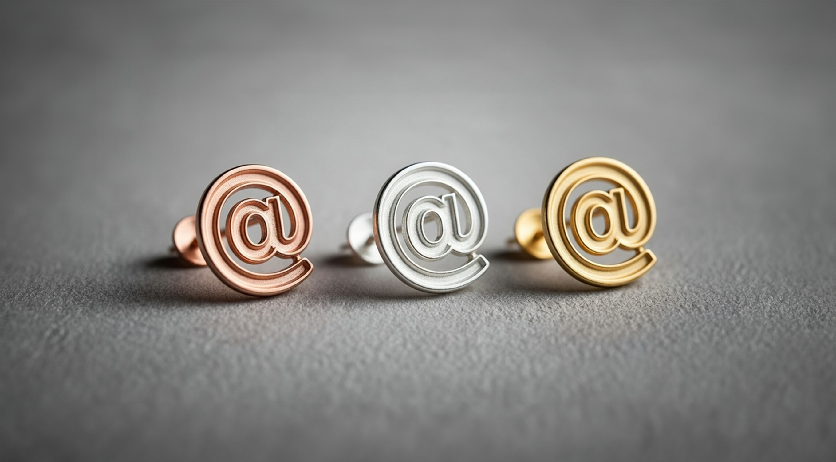 Three @ symbol badges in copper, silver and gold plating